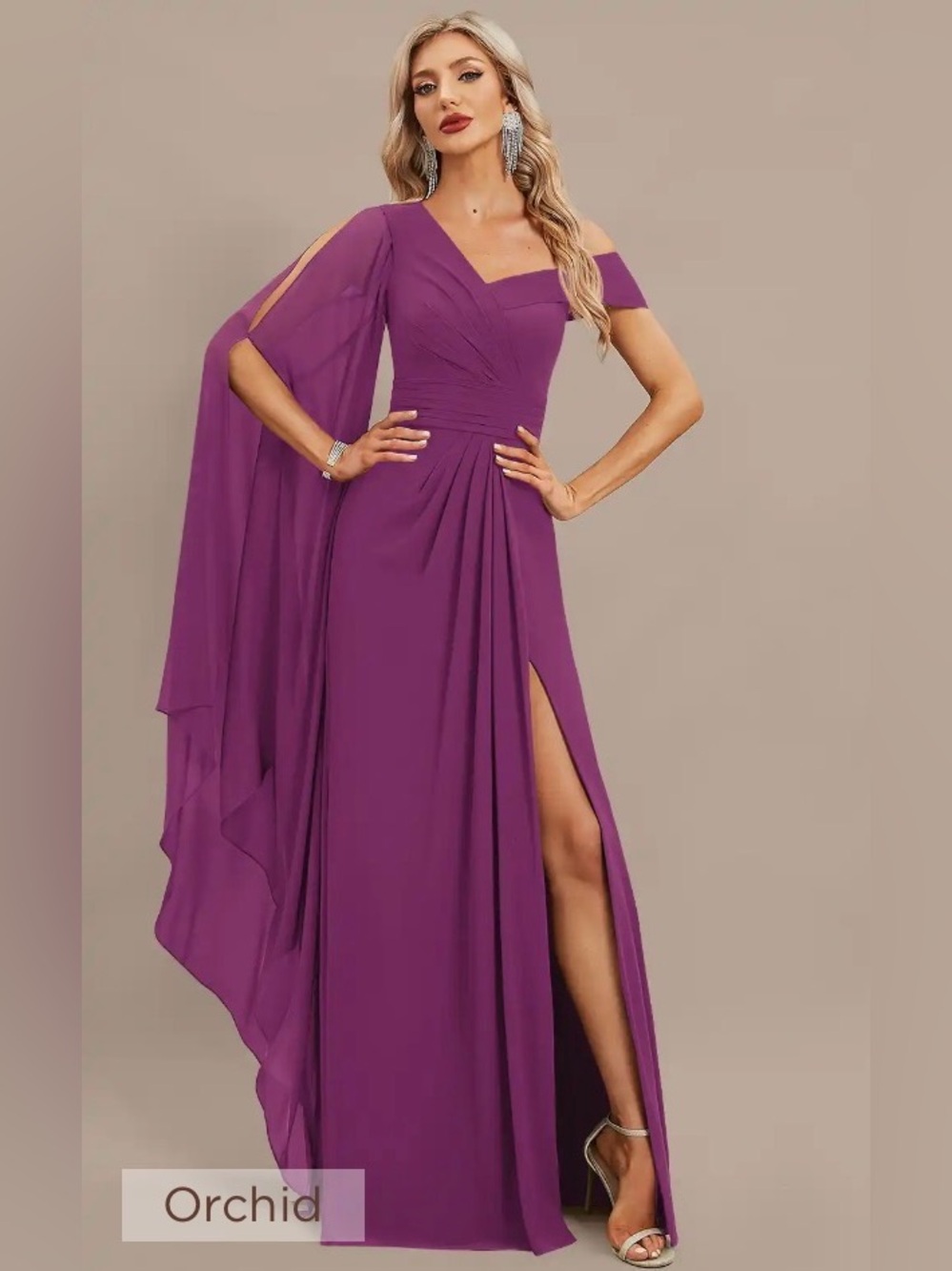 JJ’s House Orchid One Shoulder Cape Chiffon Maxi Dress